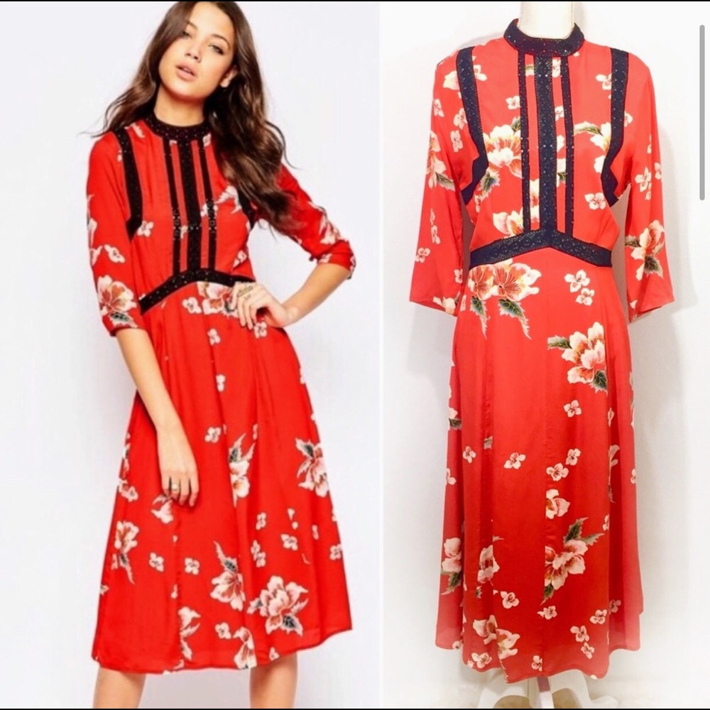 ASOS Chinoiserie Print Dress With Lace Sz 8 Tall